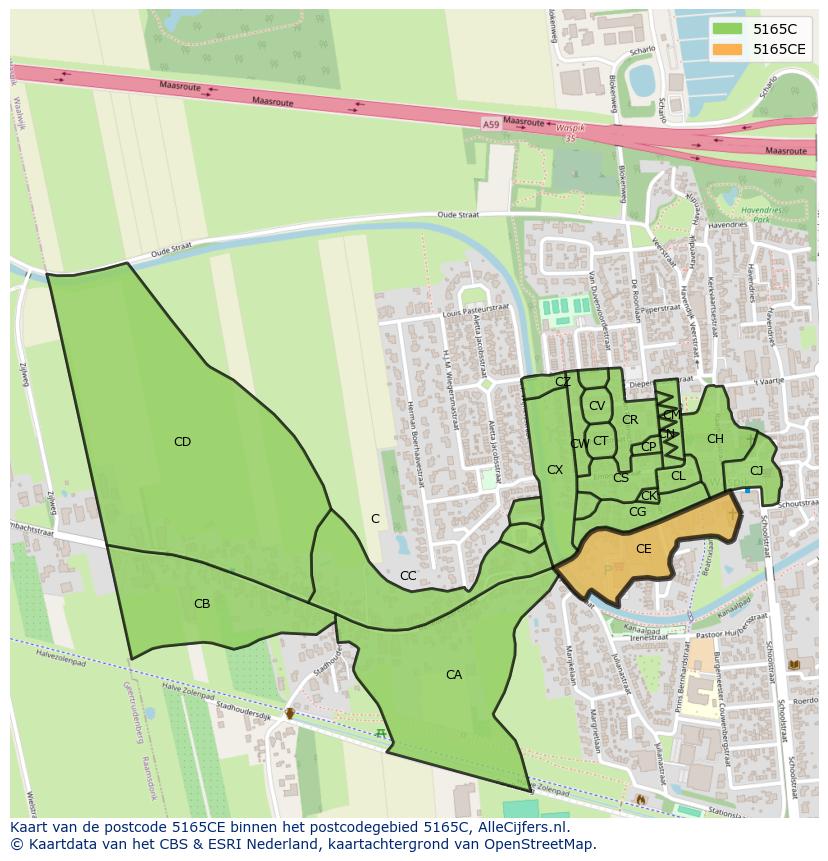 Afbeelding van het postcodegebied 5165 CE op de kaart.
