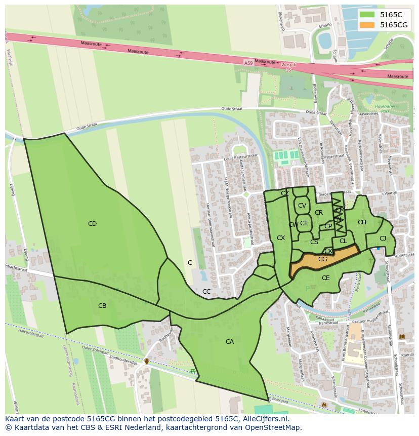 Afbeelding van het postcodegebied 5165 CG op de kaart.