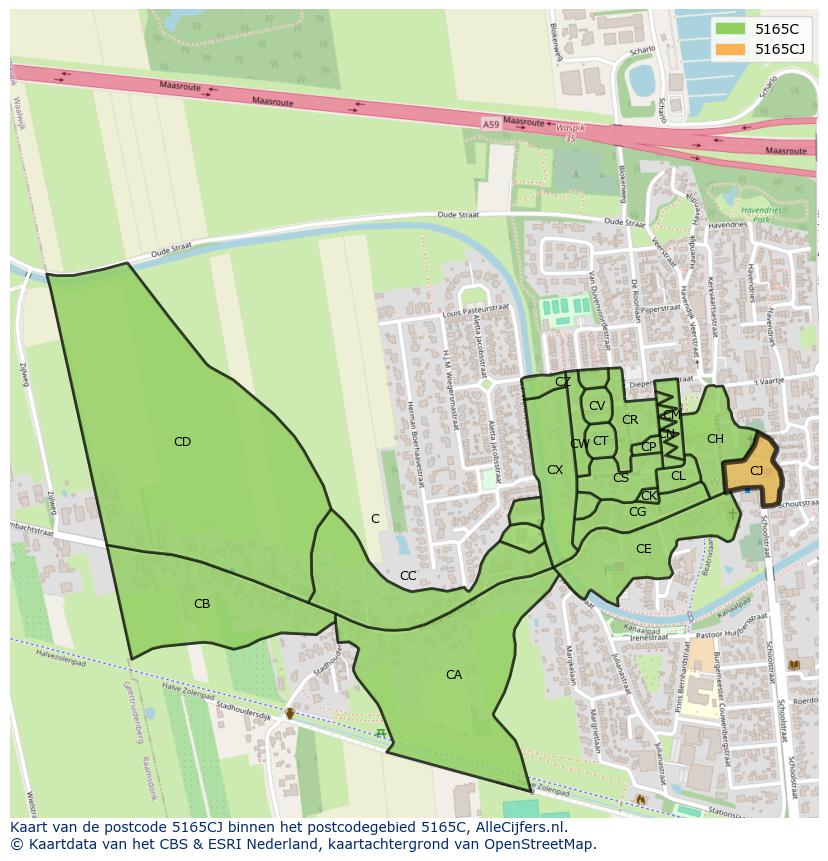 Afbeelding van het postcodegebied 5165 CJ op de kaart.