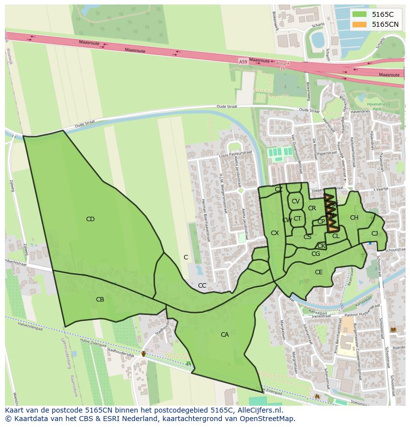 Afbeelding van het postcodegebied 5165 CN op de kaart.