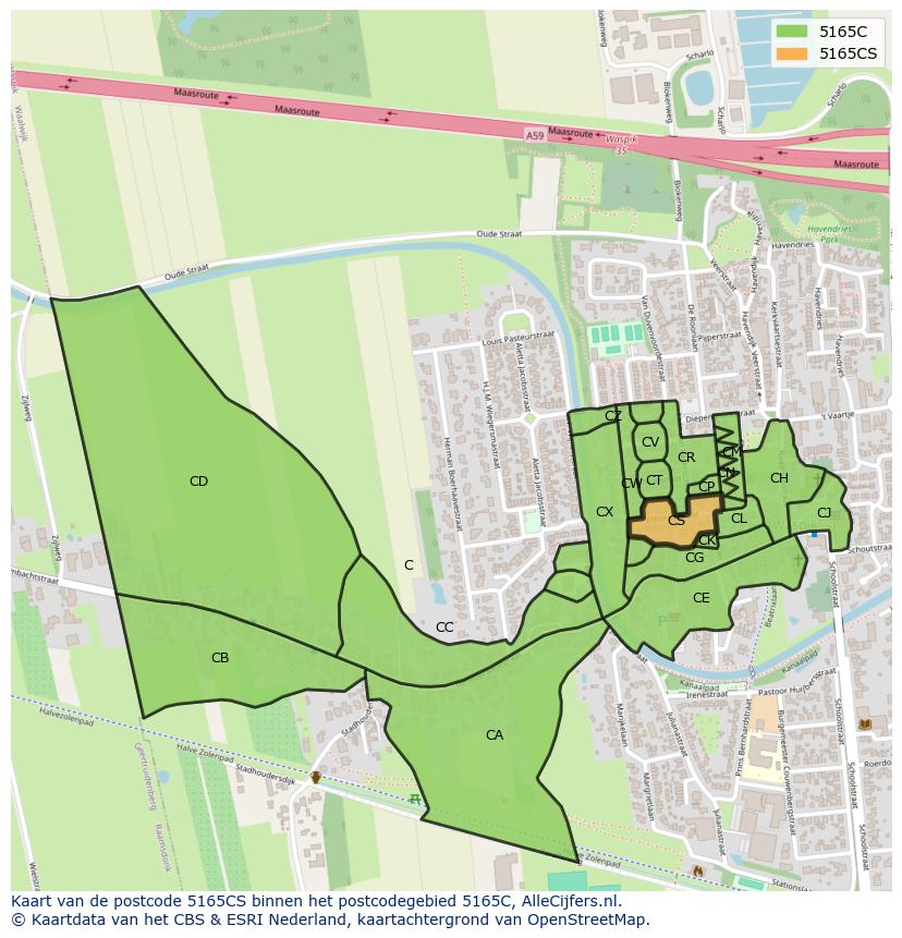 Afbeelding van het postcodegebied 5165 CS op de kaart.