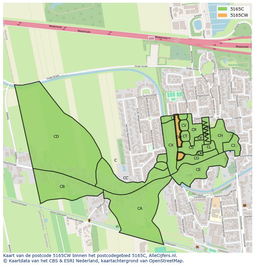 Afbeelding van het postcodegebied 5165 CW op de kaart.