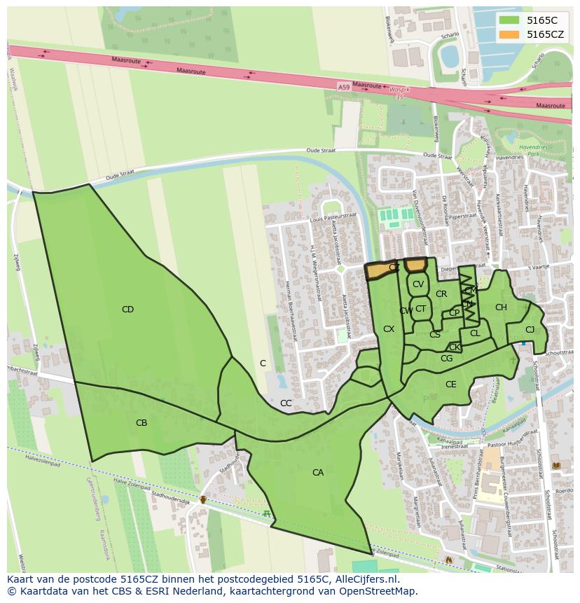 Afbeelding van het postcodegebied 5165 CZ op de kaart.