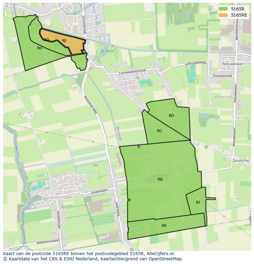 Afbeelding van het postcodegebied 5165 RE op de kaart.