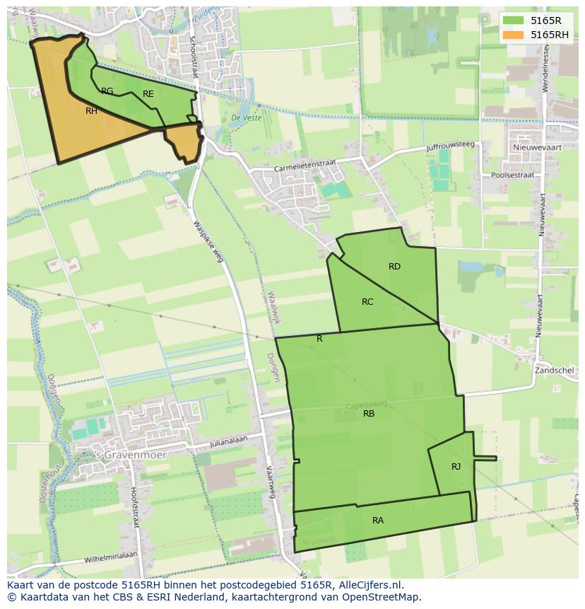 Afbeelding van het postcodegebied 5165 RH op de kaart.