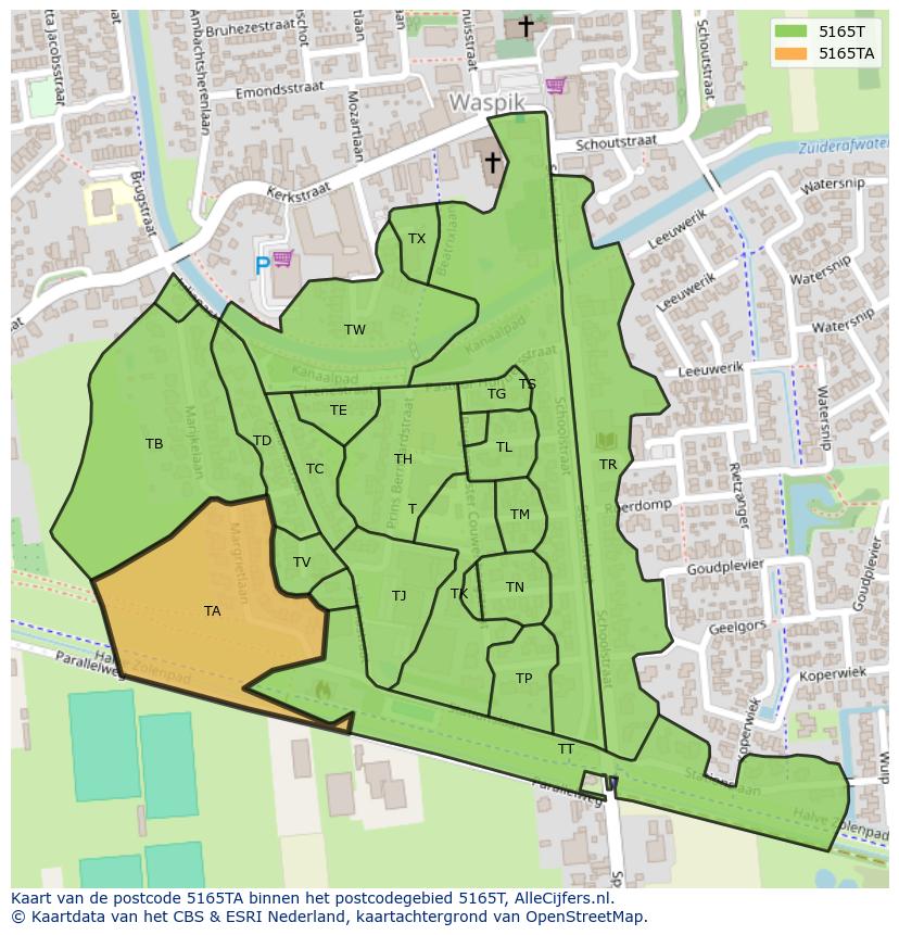Afbeelding van het postcodegebied 5165 TA op de kaart.