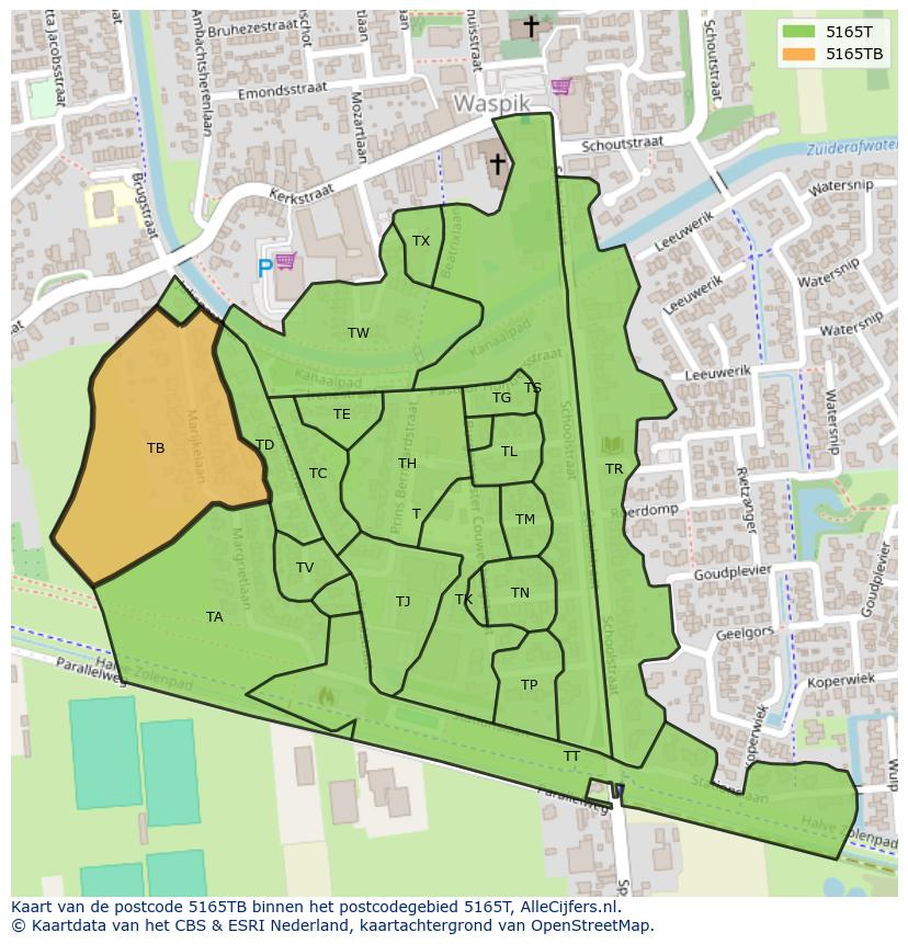 Afbeelding van het postcodegebied 5165 TB op de kaart.