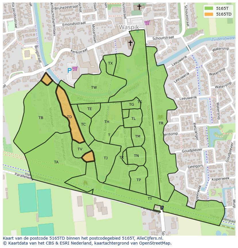 Afbeelding van het postcodegebied 5165 TD op de kaart.