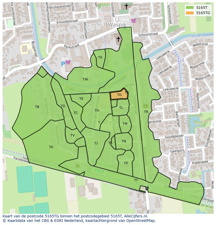 Afbeelding van het postcodegebied 5165 TG op de kaart.