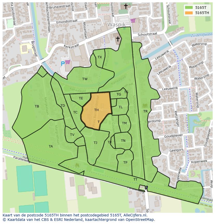 Afbeelding van het postcodegebied 5165 TH op de kaart.