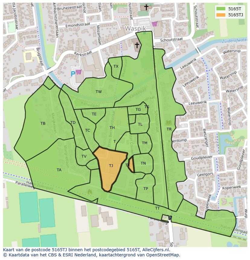 Afbeelding van het postcodegebied 5165 TJ op de kaart.
