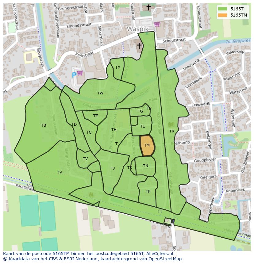 Afbeelding van het postcodegebied 5165 TM op de kaart.