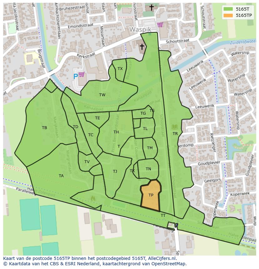 Afbeelding van het postcodegebied 5165 TP op de kaart.