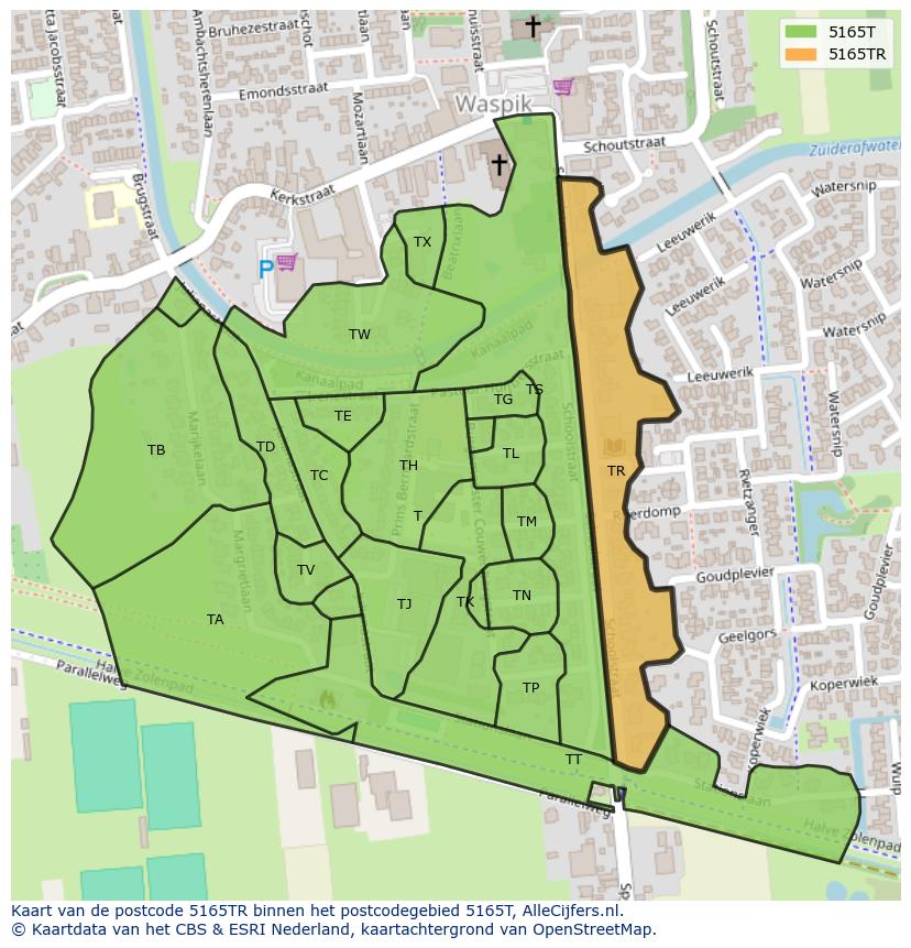 Afbeelding van het postcodegebied 5165 TR op de kaart.