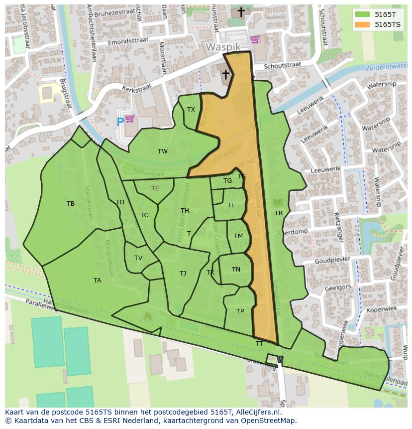Afbeelding van het postcodegebied 5165 TS op de kaart.