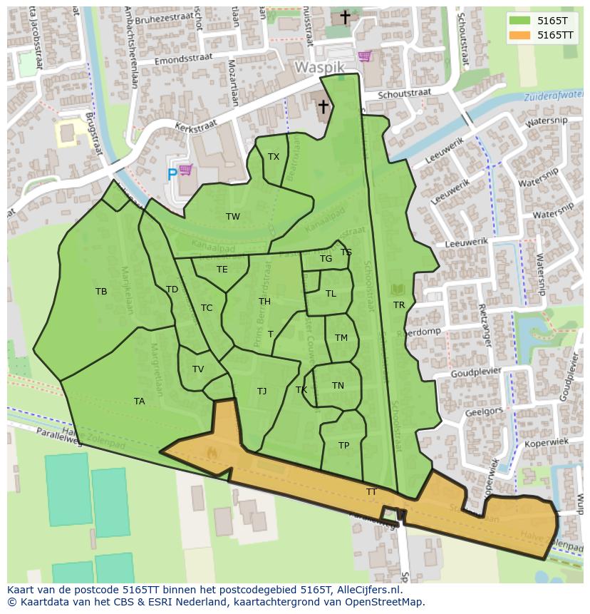 Afbeelding van het postcodegebied 5165 TT op de kaart.