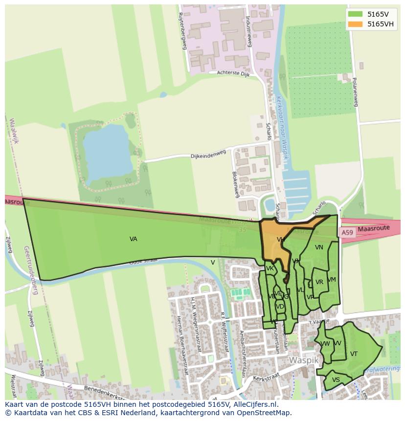 Afbeelding van het postcodegebied 5165 VH op de kaart.