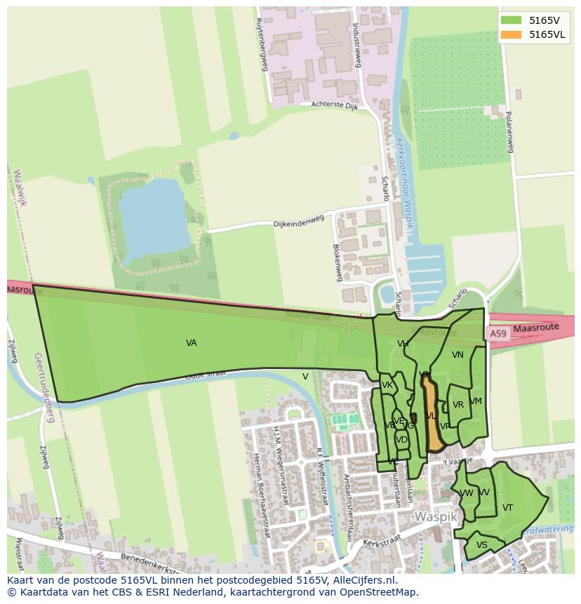 Afbeelding van het postcodegebied 5165 VL op de kaart.