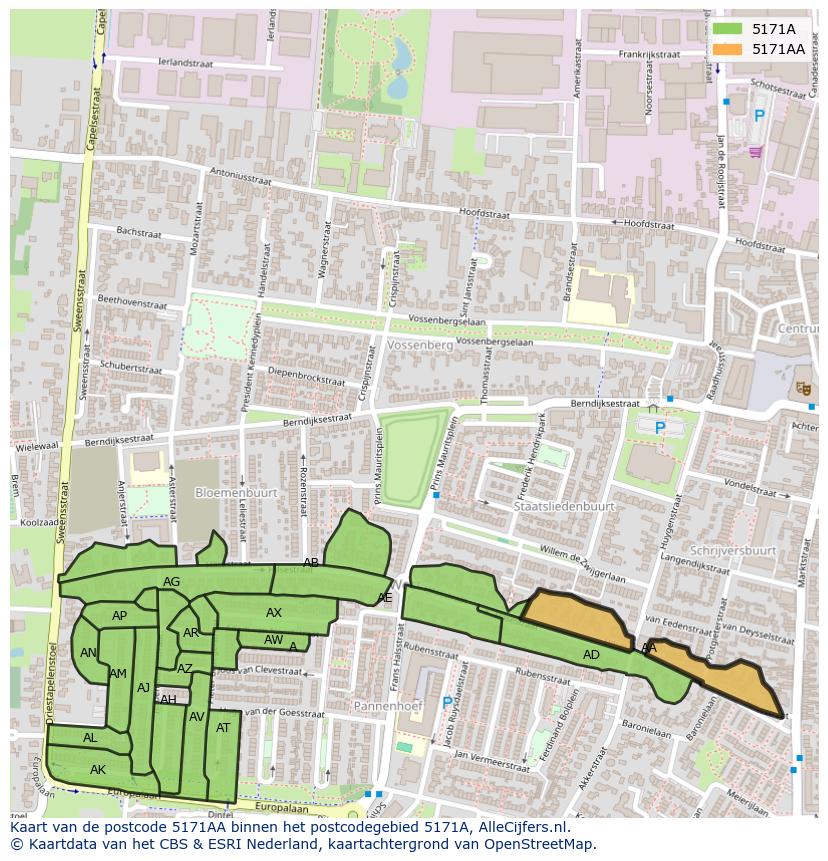 Afbeelding van het postcodegebied 5171 AA op de kaart.