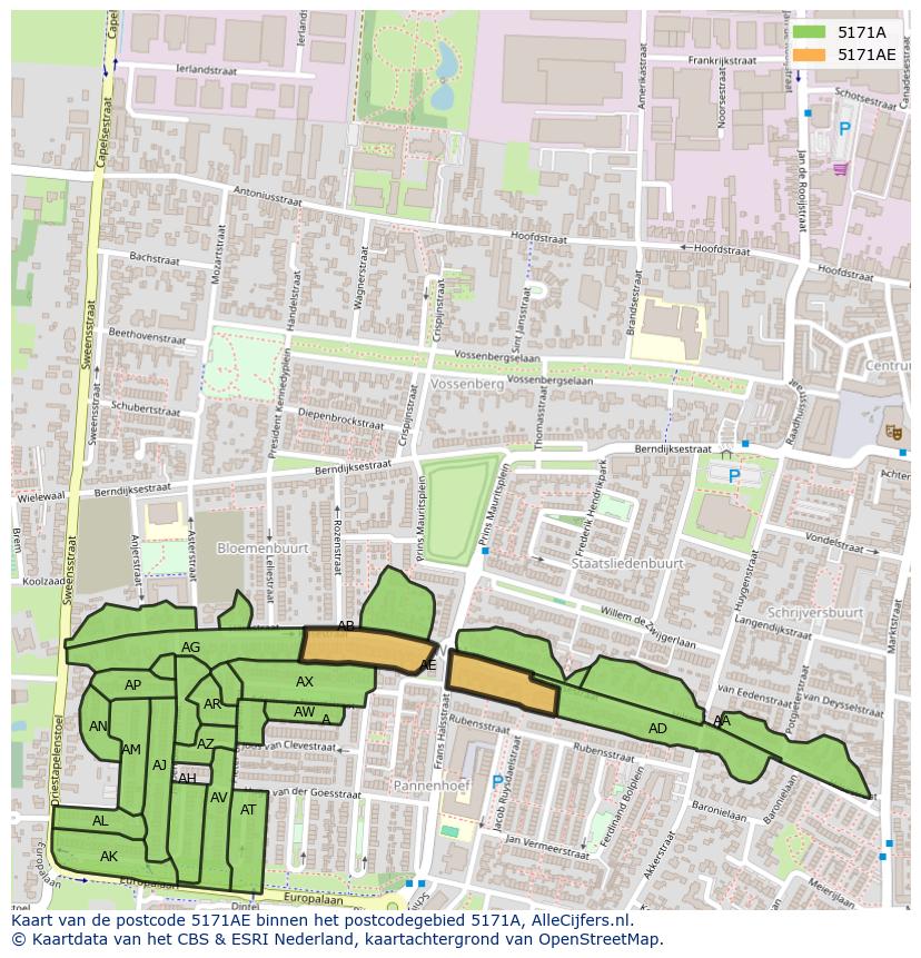Afbeelding van het postcodegebied 5171 AE op de kaart.