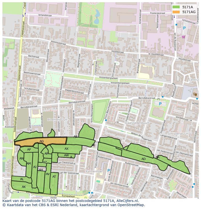 Afbeelding van het postcodegebied 5171 AG op de kaart.