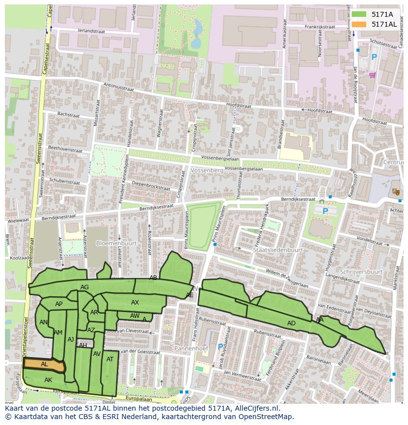 Afbeelding van het postcodegebied 5171 AL op de kaart.