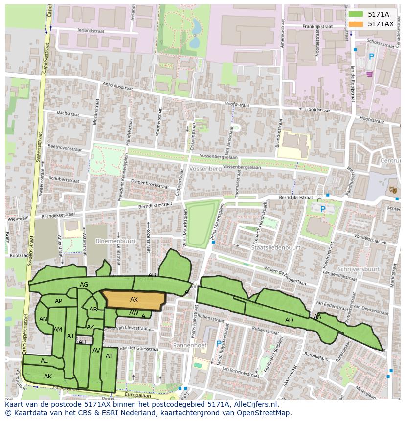 Afbeelding van het postcodegebied 5171 AX op de kaart.