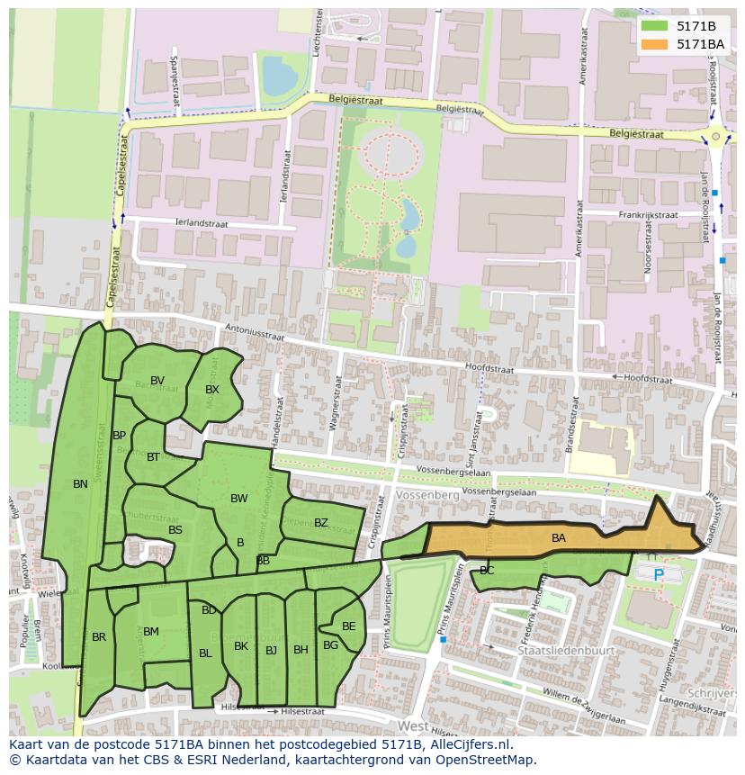 Afbeelding van het postcodegebied 5171 BA op de kaart.
