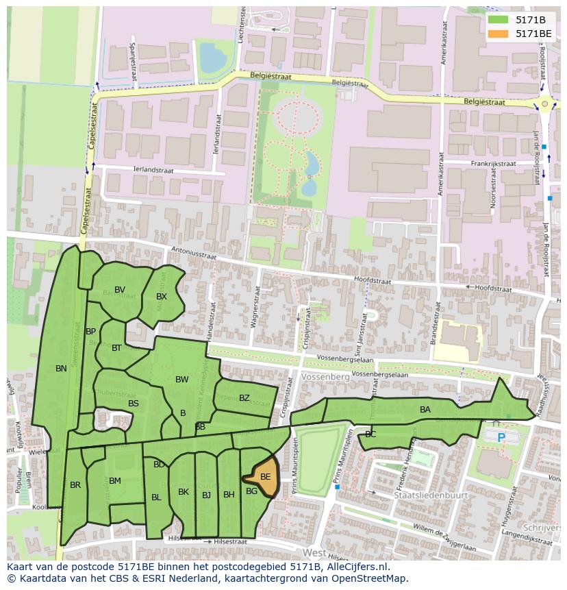 Afbeelding van het postcodegebied 5171 BE op de kaart.