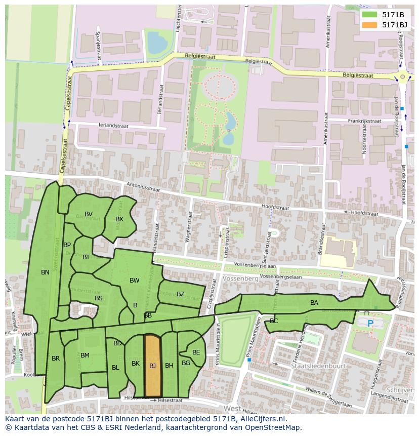 Afbeelding van het postcodegebied 5171 BJ op de kaart.