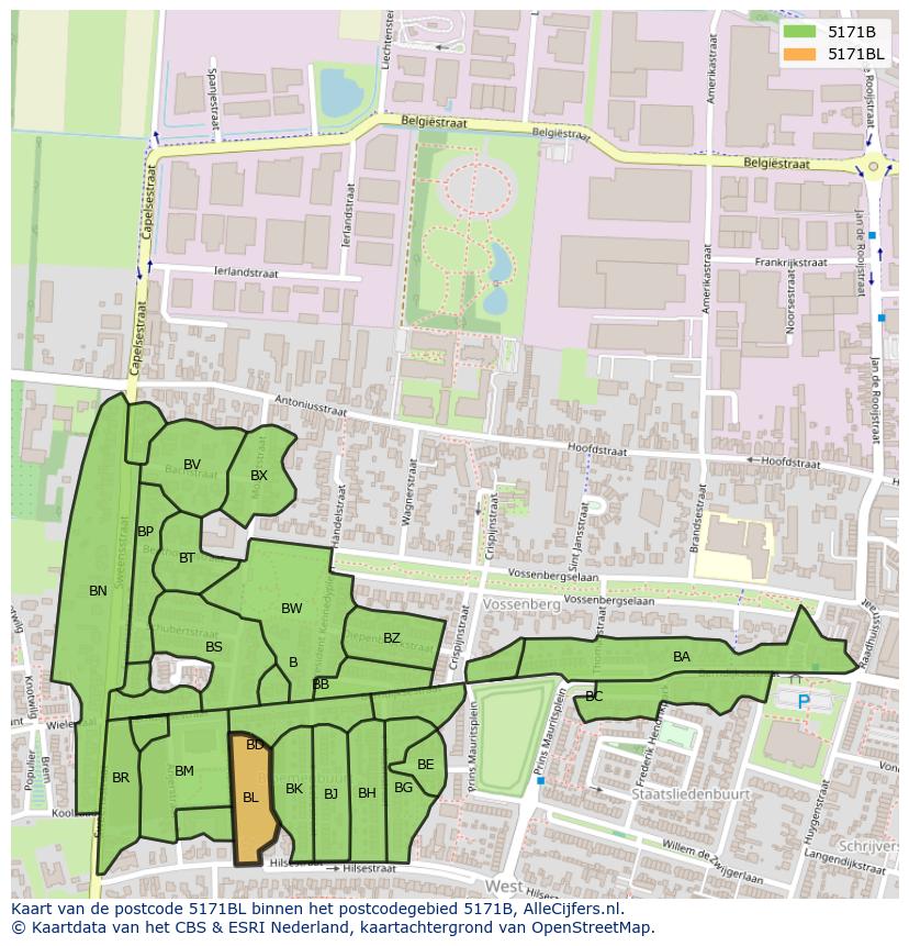 Afbeelding van het postcodegebied 5171 BL op de kaart.