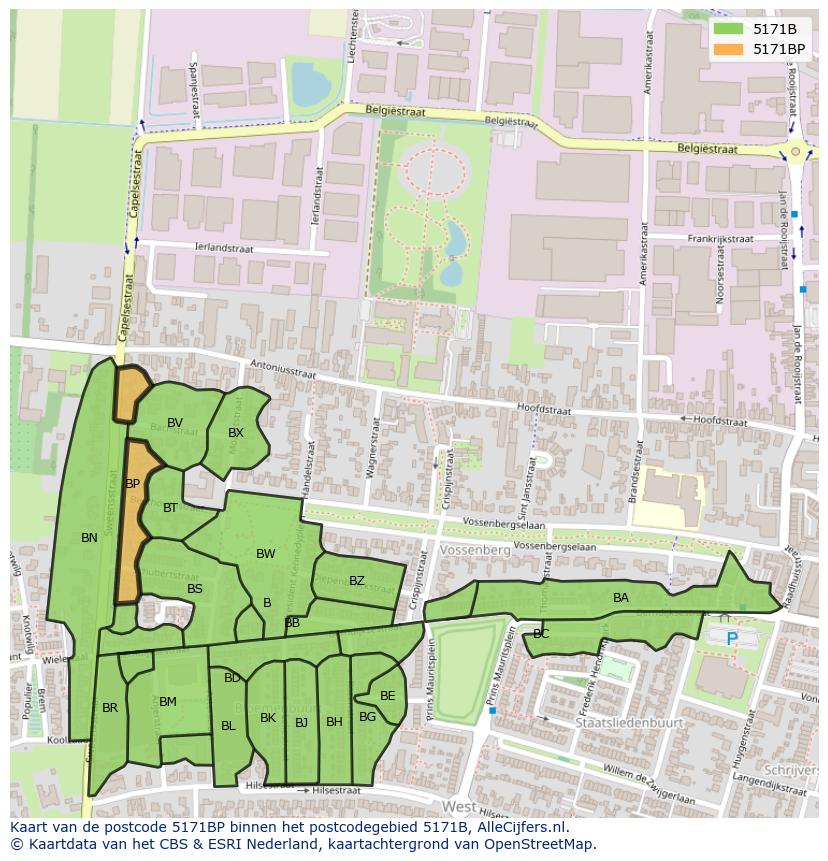 Afbeelding van het postcodegebied 5171 BP op de kaart.