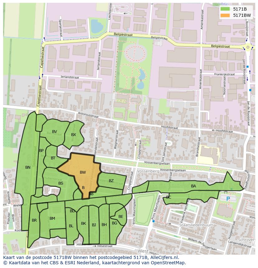 Afbeelding van het postcodegebied 5171 BW op de kaart.