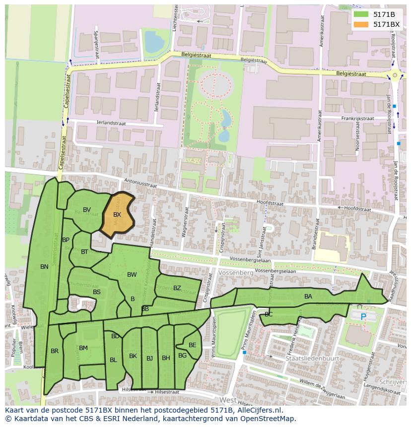 Afbeelding van het postcodegebied 5171 BX op de kaart.