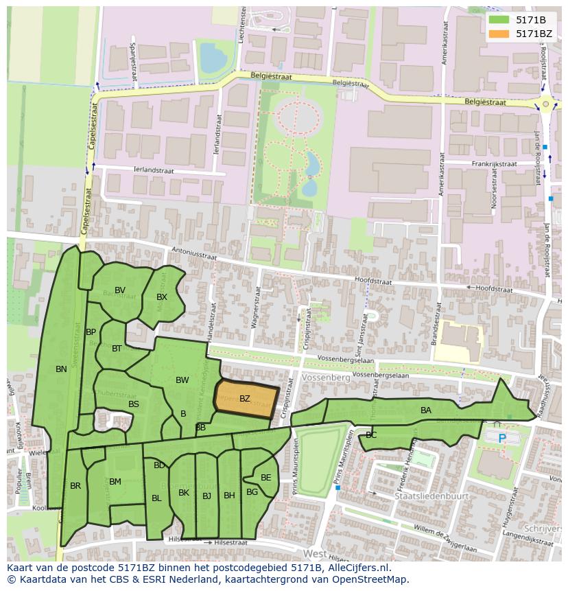 Afbeelding van het postcodegebied 5171 BZ op de kaart.