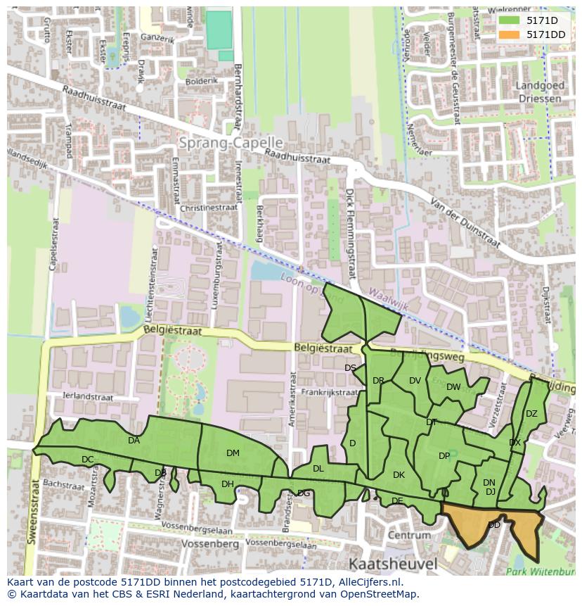 Afbeelding van het postcodegebied 5171 DD op de kaart.