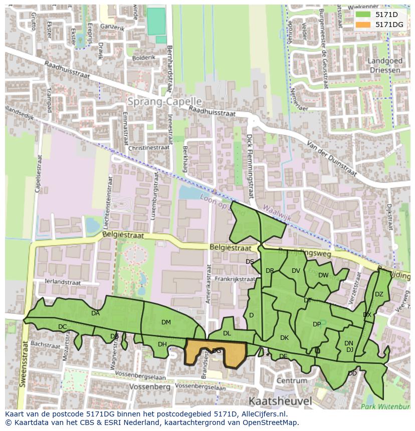 Afbeelding van het postcodegebied 5171 DG op de kaart.
