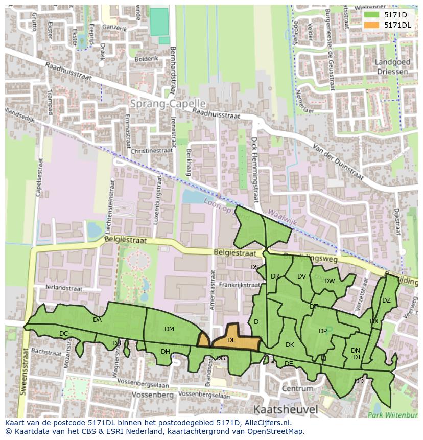 Afbeelding van het postcodegebied 5171 DL op de kaart.