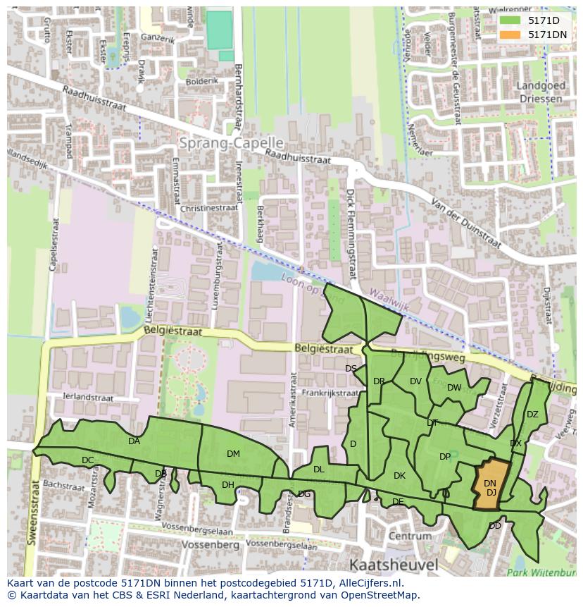 Afbeelding van het postcodegebied 5171 DN op de kaart.