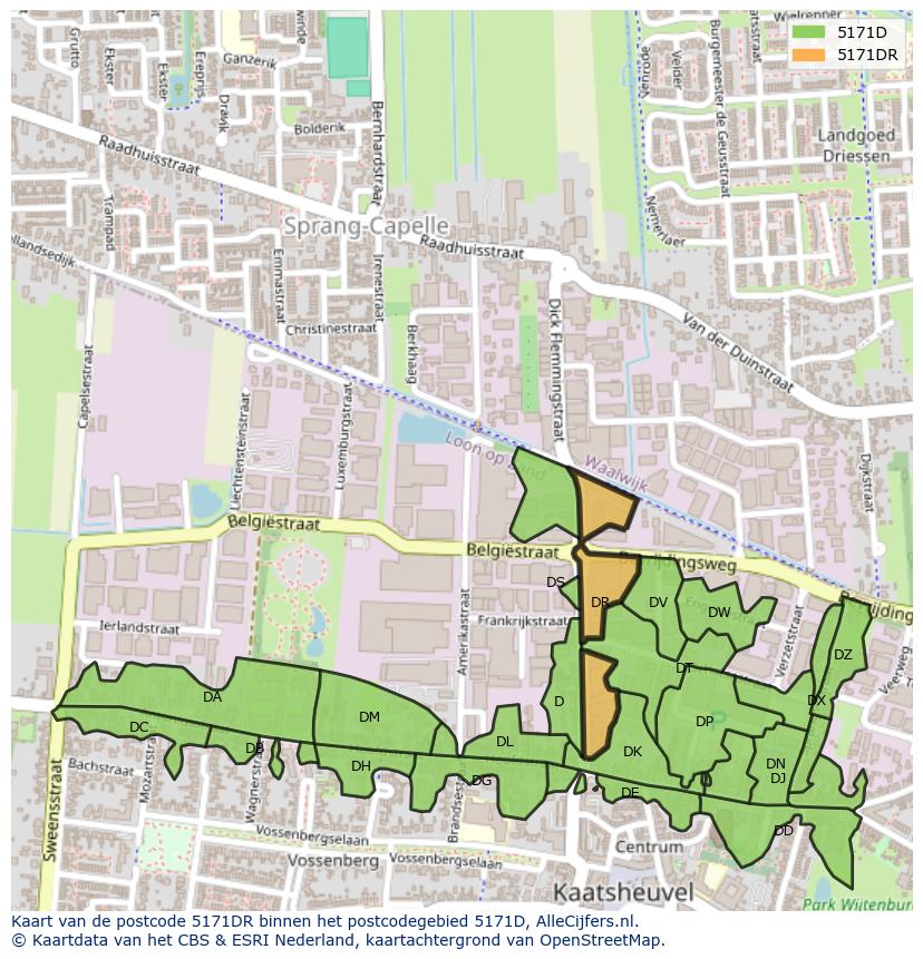 Afbeelding van het postcodegebied 5171 DR op de kaart.