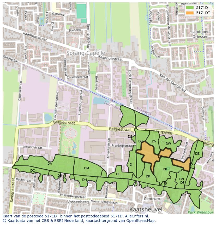 Afbeelding van het postcodegebied 5171 DT op de kaart.