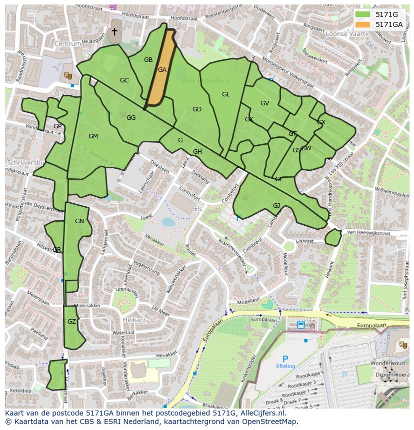 Afbeelding van het postcodegebied 5171 GA op de kaart.