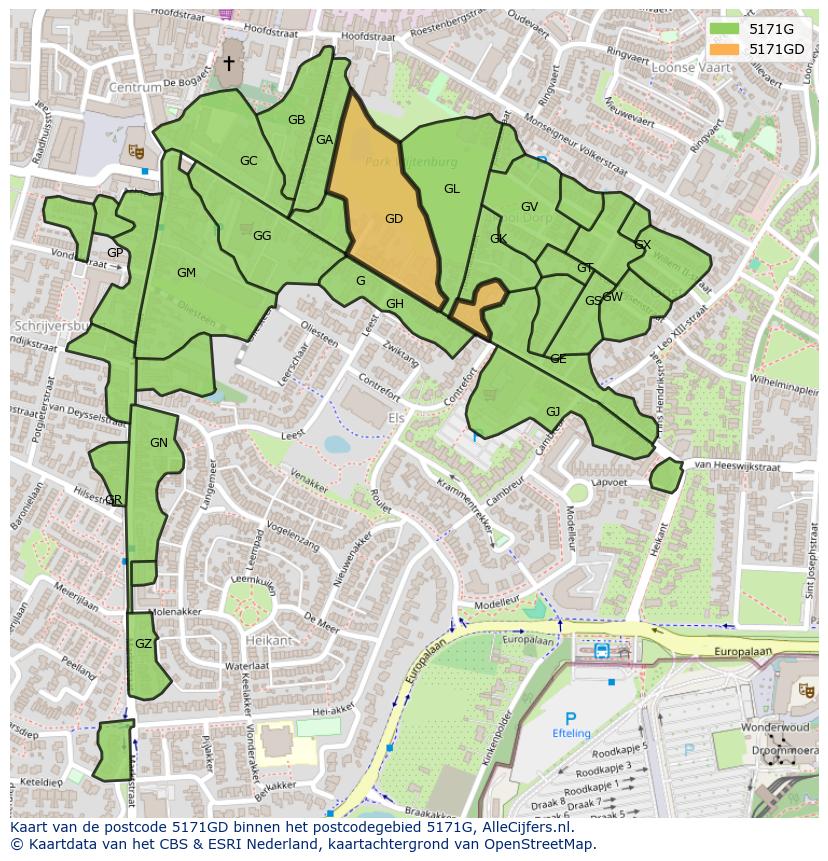 Afbeelding van het postcodegebied 5171 GD op de kaart.
