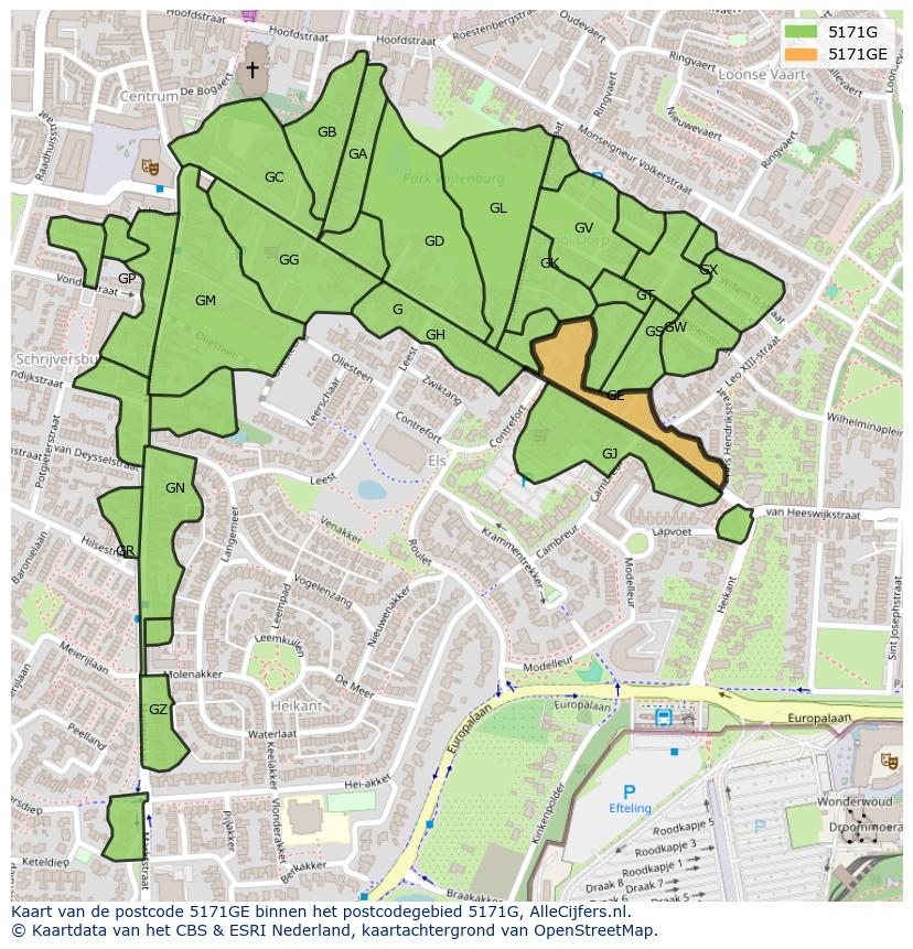 Afbeelding van het postcodegebied 5171 GE op de kaart.