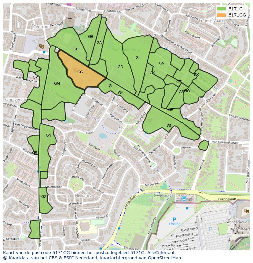 Afbeelding van het postcodegebied 5171 GG op de kaart.