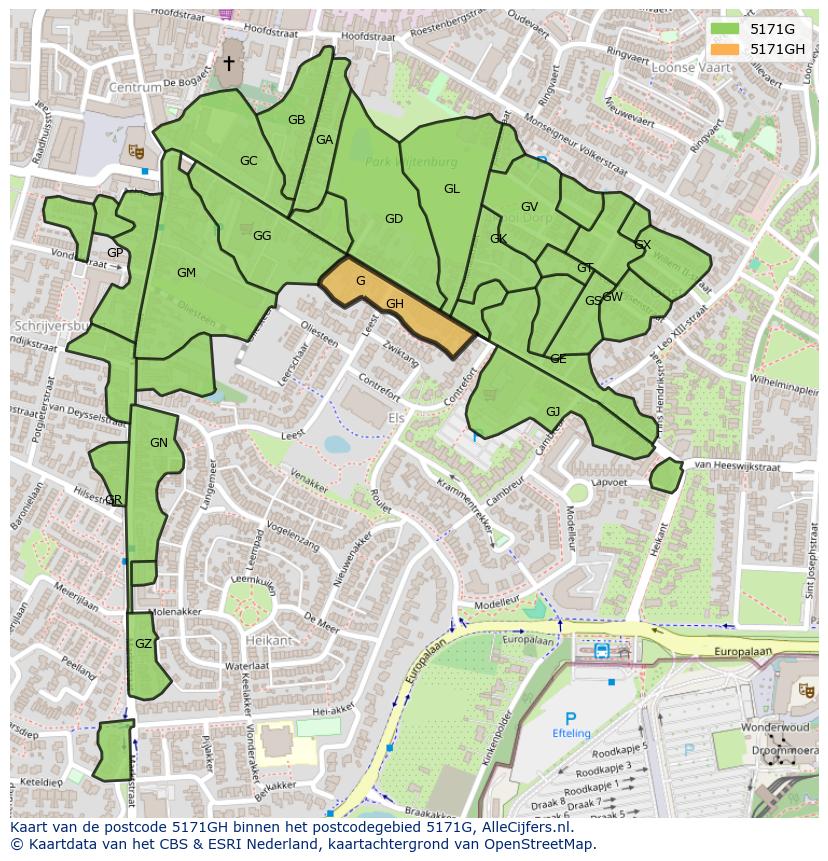 Afbeelding van het postcodegebied 5171 GH op de kaart.