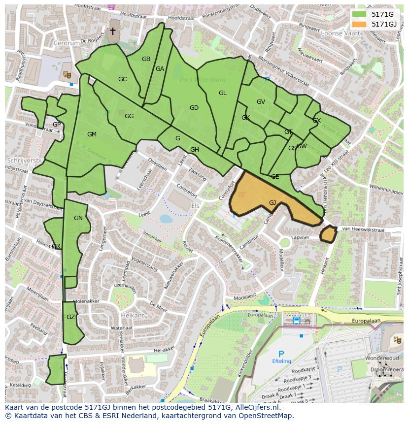 Afbeelding van het postcodegebied 5171 GJ op de kaart.