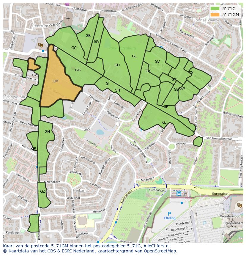 Afbeelding van het postcodegebied 5171 GM op de kaart.