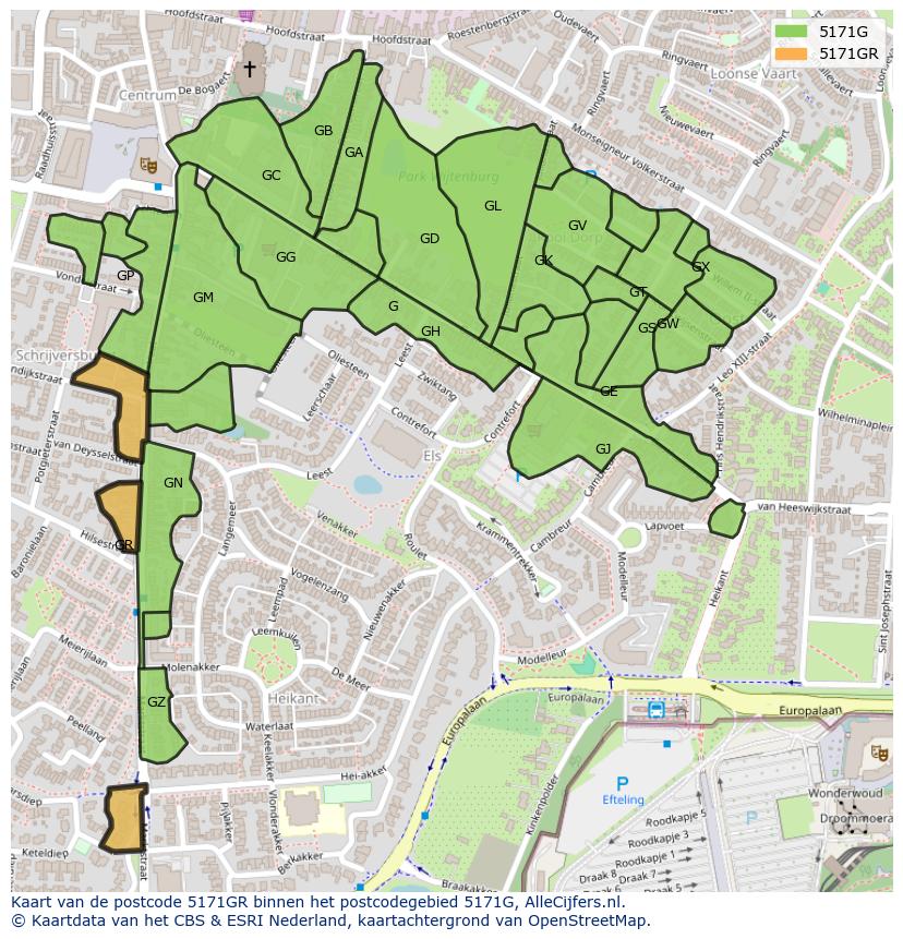 Afbeelding van het postcodegebied 5171 GR op de kaart.