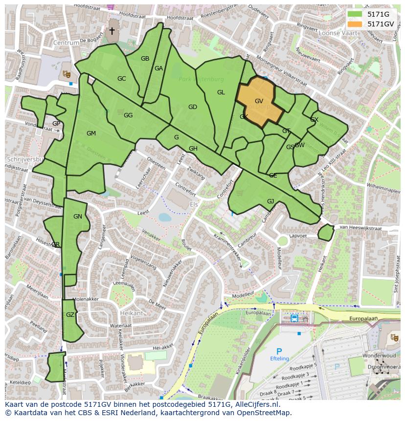Afbeelding van het postcodegebied 5171 GV op de kaart.